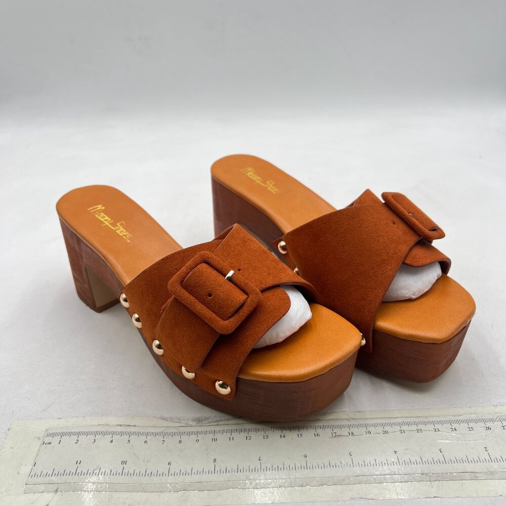 Milooey shoes Brown Open Toe Studded Platform Mules Block Heel Slippers Shoe - Picture 3 of 7